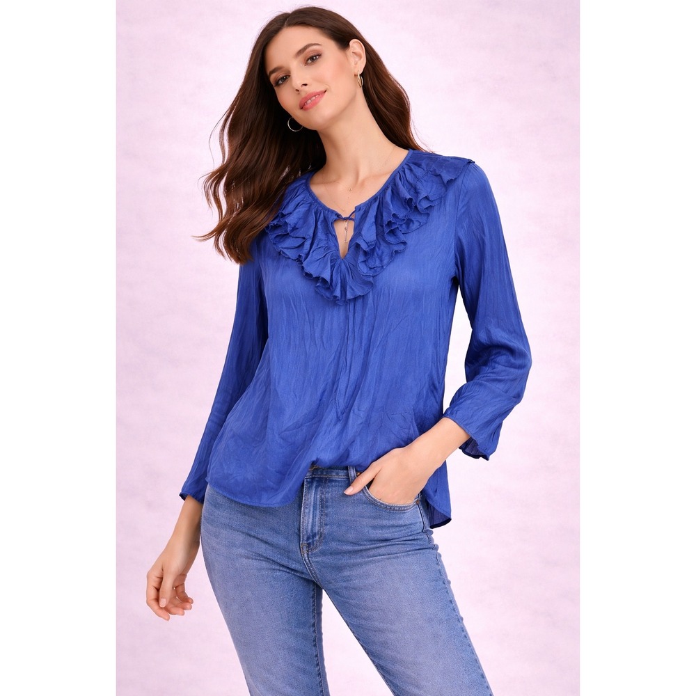 Silktime Womens Blue 100% Silk‎ Ruffle Collar Academia Poet Edwardian Blouse S